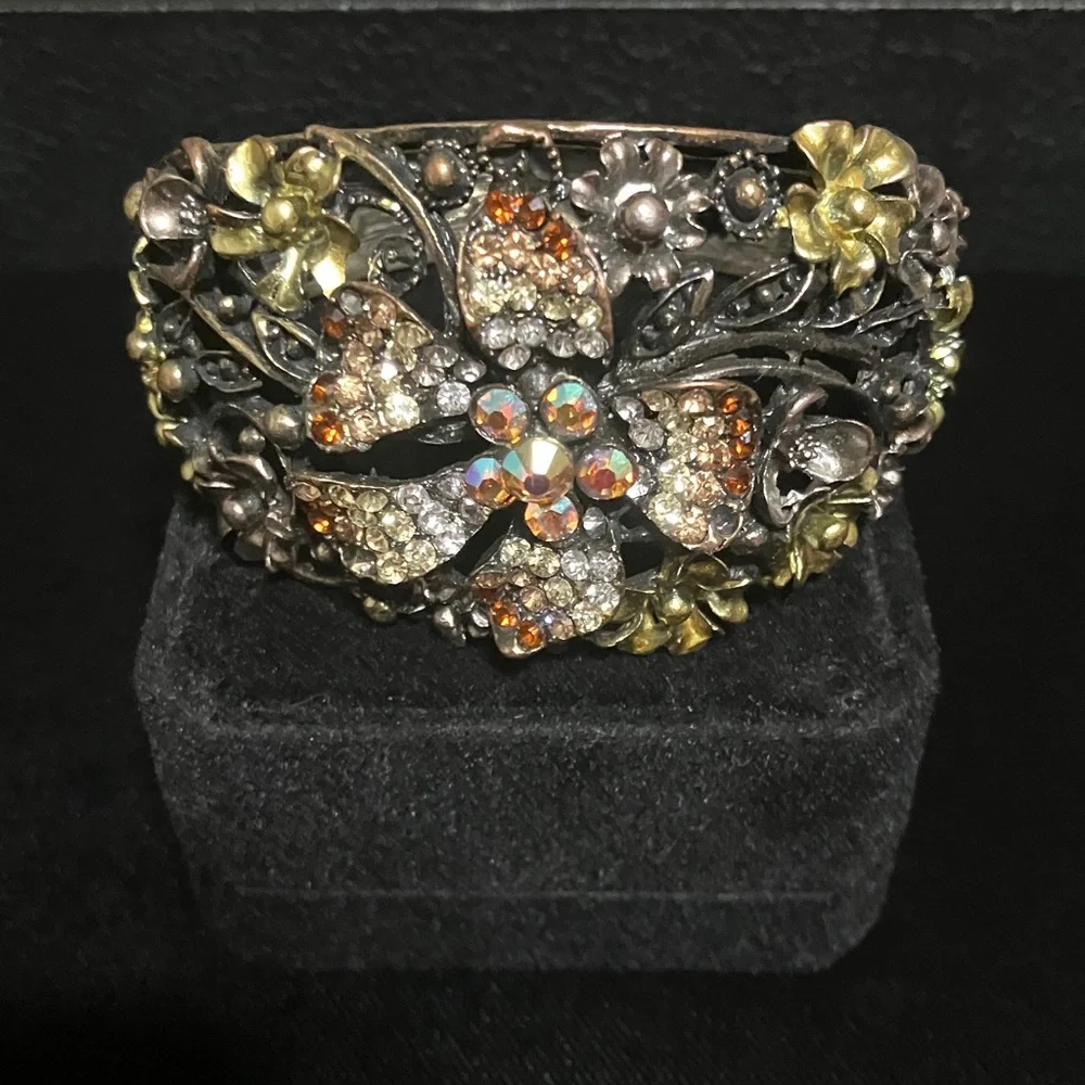 Vintage Floral Crystal Cuff Bracelet in Amber and Gold - Women Jewelry